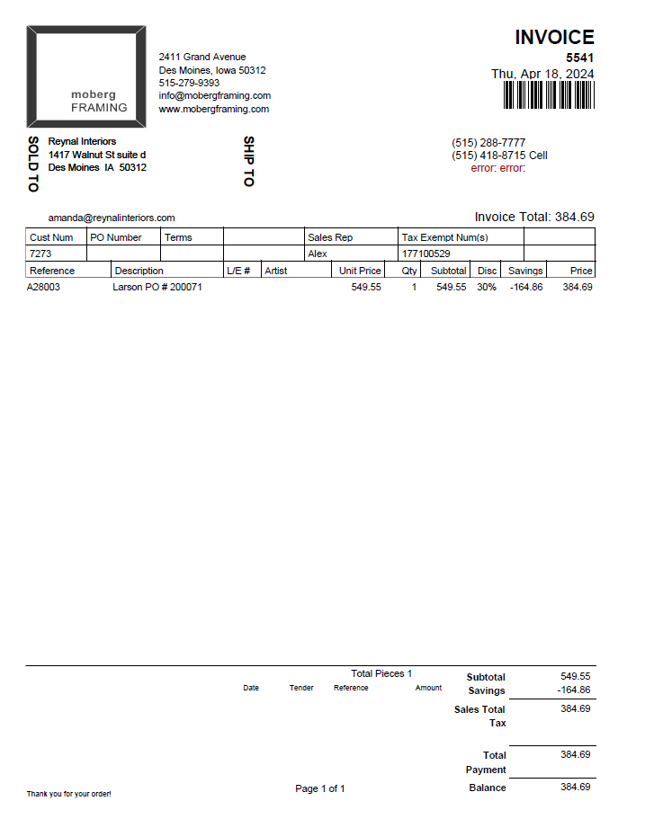 RI Invoice – Moberg Gallery